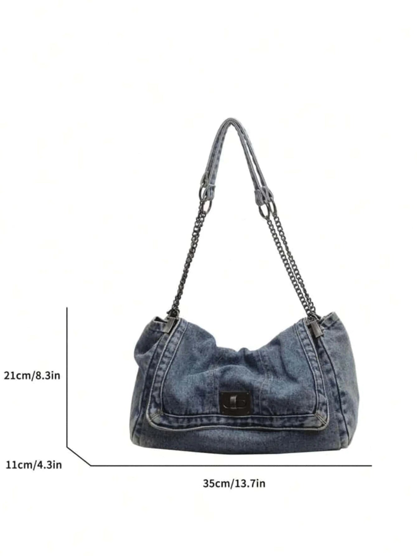 LuxeEra™ Denim Tote Bag with Metal Buckle and Chain Strap