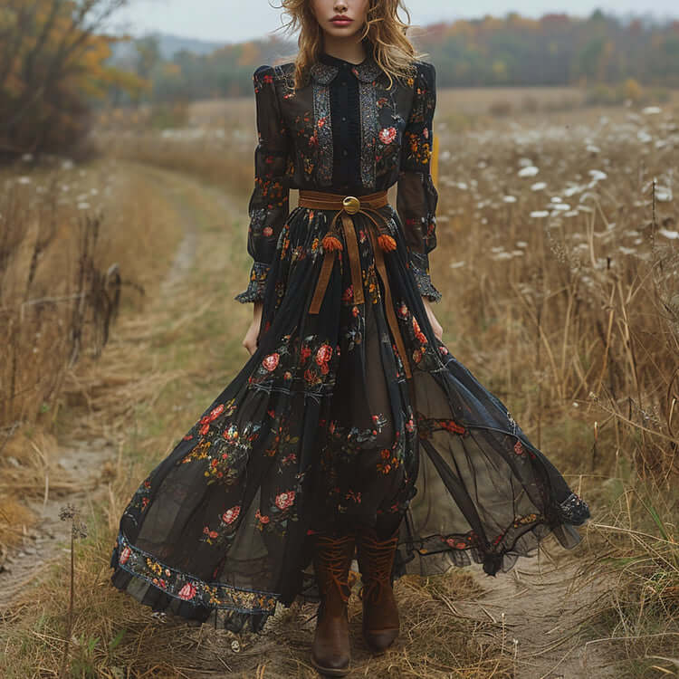 Retro Floral Country Maxi Dress - VERRANOO