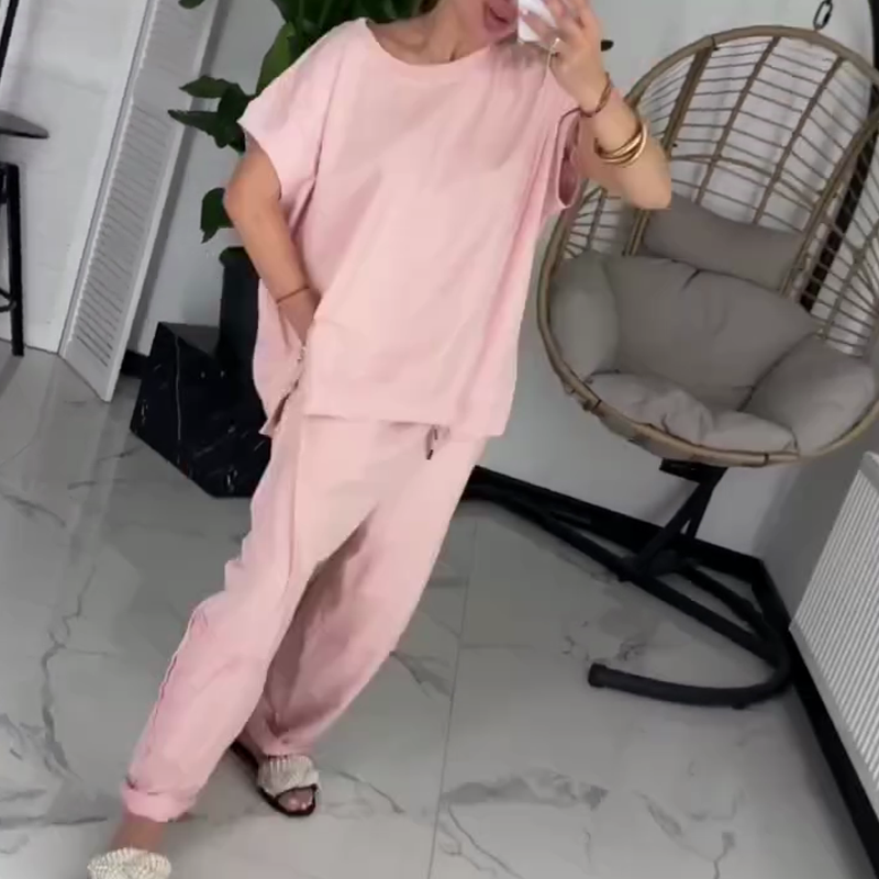 ChicFlow™ Solid color short-sleeved top & pants two-piece set