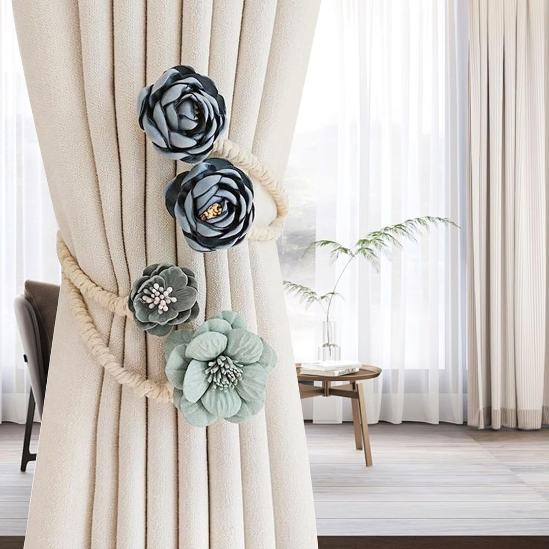 (1+1 FREE🔥) BloomTwist™ Floral No-Punch Curtain Tiebacks