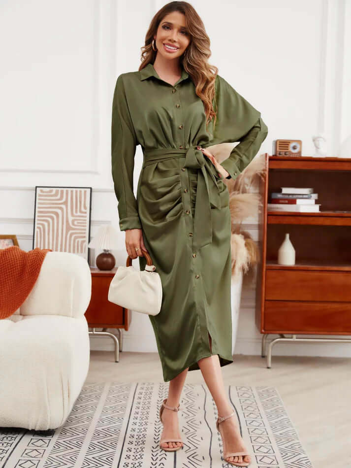 Women's Stylish Pleated Shirt Dress With Waist Band Long Dresses