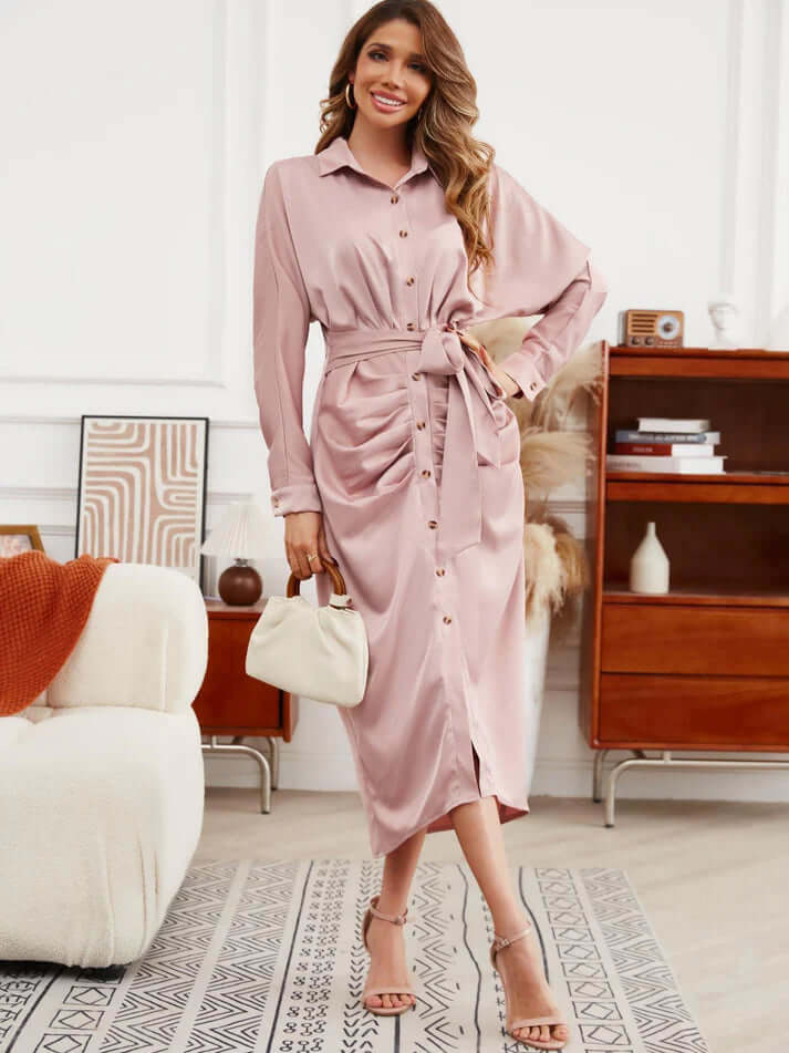 Women's Stylish Pleated Shirt Dress With Waist Band Long Dresses