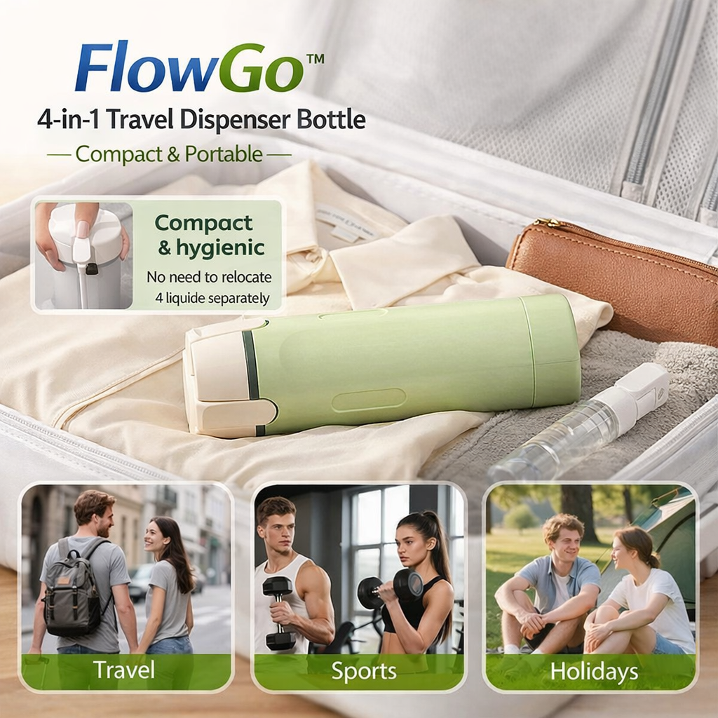 FlowGo™ 4-in-1 Travel Dispenser Bottle – Leakproof Toiletry Organizer