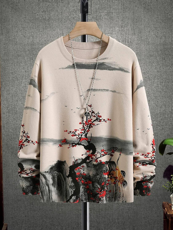 Men's Vintage Landscape Sweater - Japanese Tree Pattern