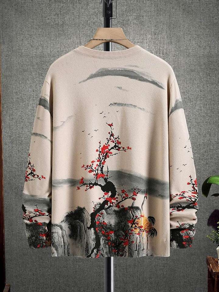 Men's Vintage Landscape Sweater - Japanese Tree Pattern