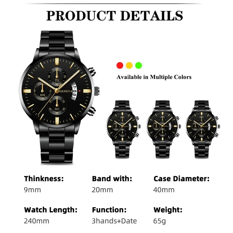 Luxury Black Stainless Steel Quartz Watch for Men