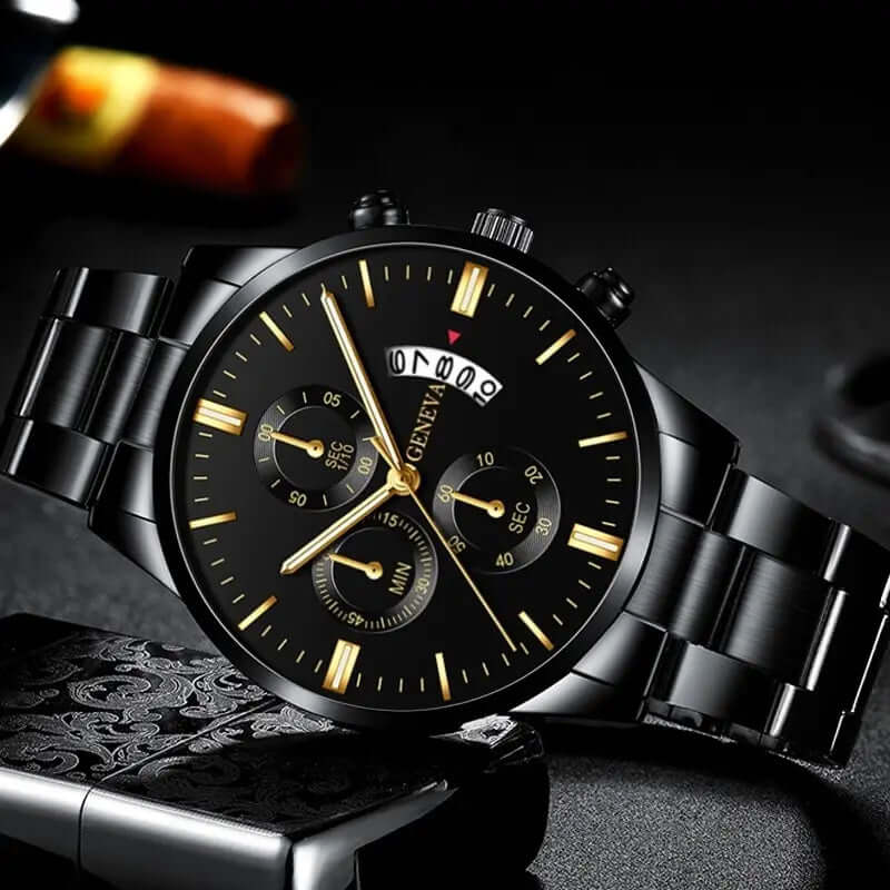 Luxury Black Stainless Steel Quartz Watch for Men