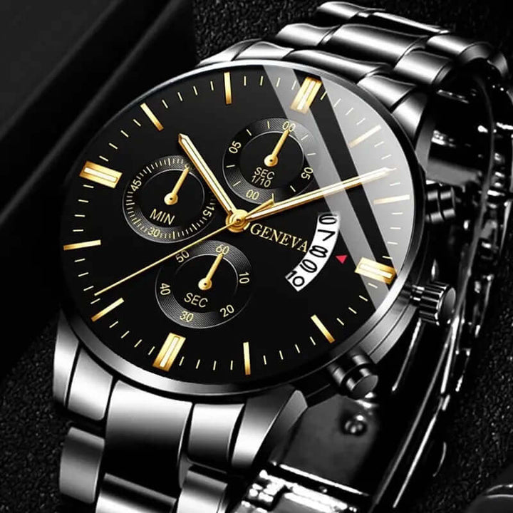 Luxury Black Stainless Steel Quartz Watch for Men