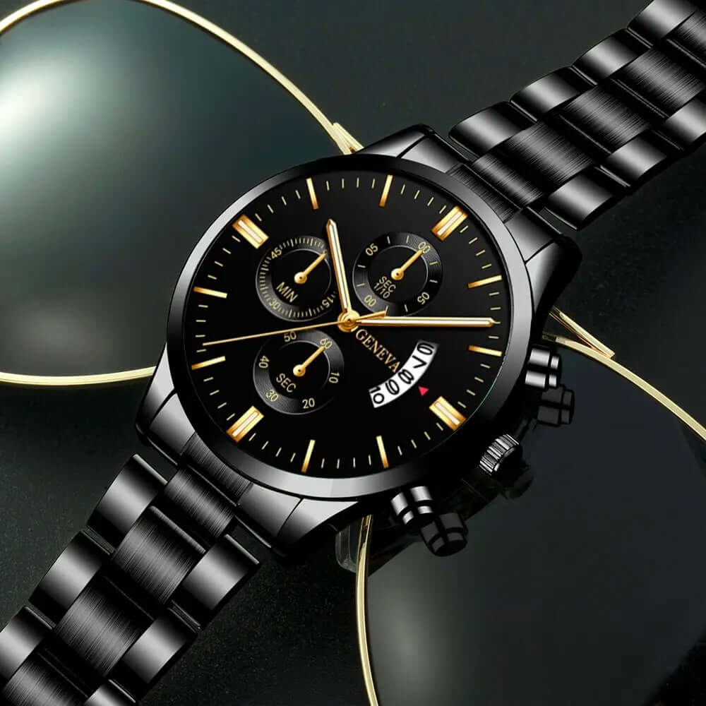 Luxury Black Stainless Steel Quartz Watch for Men