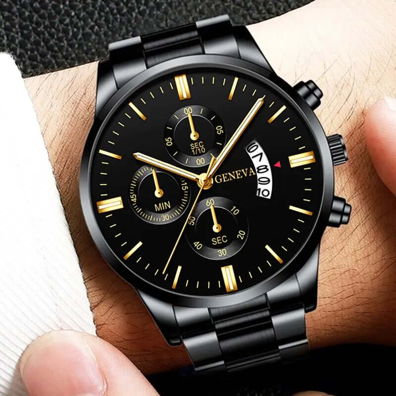 Luxury Black Stainless Steel Quartz Watch for Men