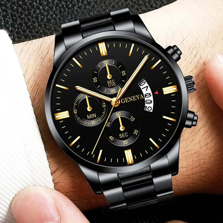 Luxury Black Stainless Steel Quartz Watch for Men