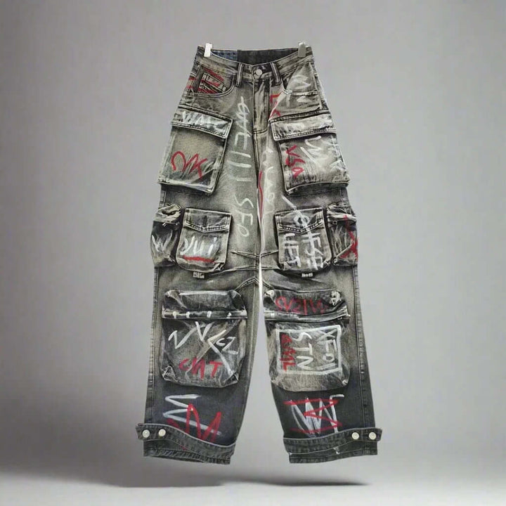 Graffiti Grey High-Waist Cargo Jeans