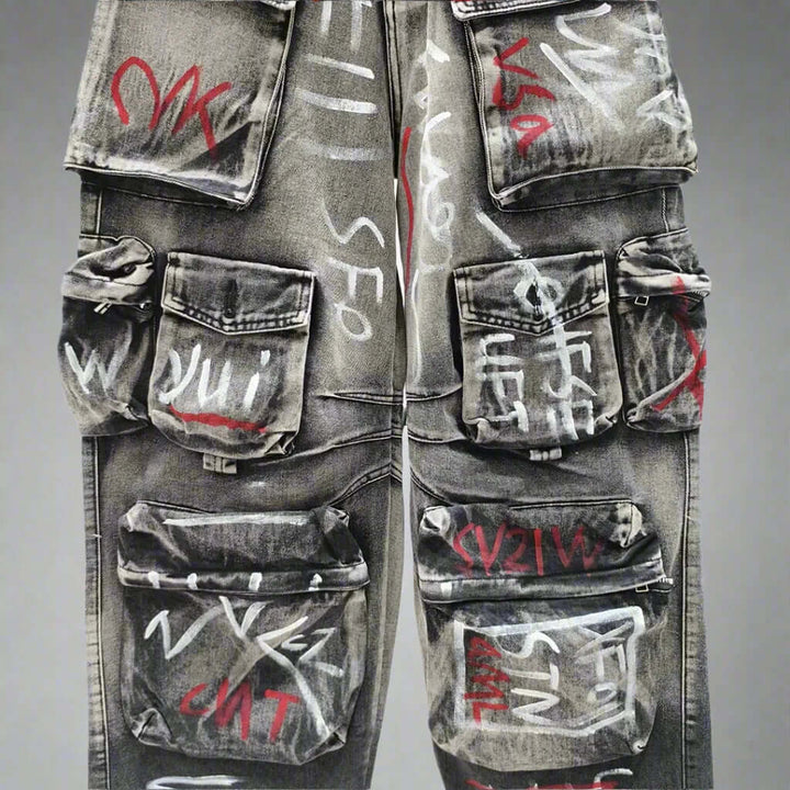 Graffiti Grey High-Waist Cargo Jeans