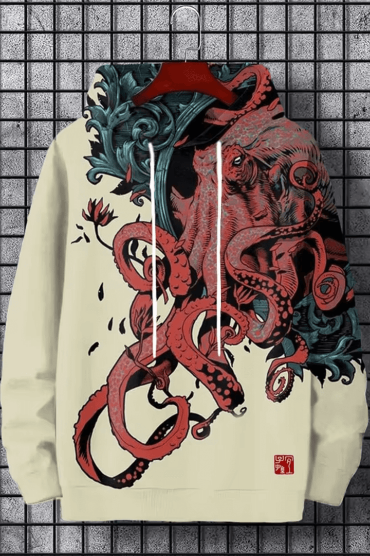 Men's Harajuku Hoodie – 3D Mountain Cat & Tentacle Graphic Pullover