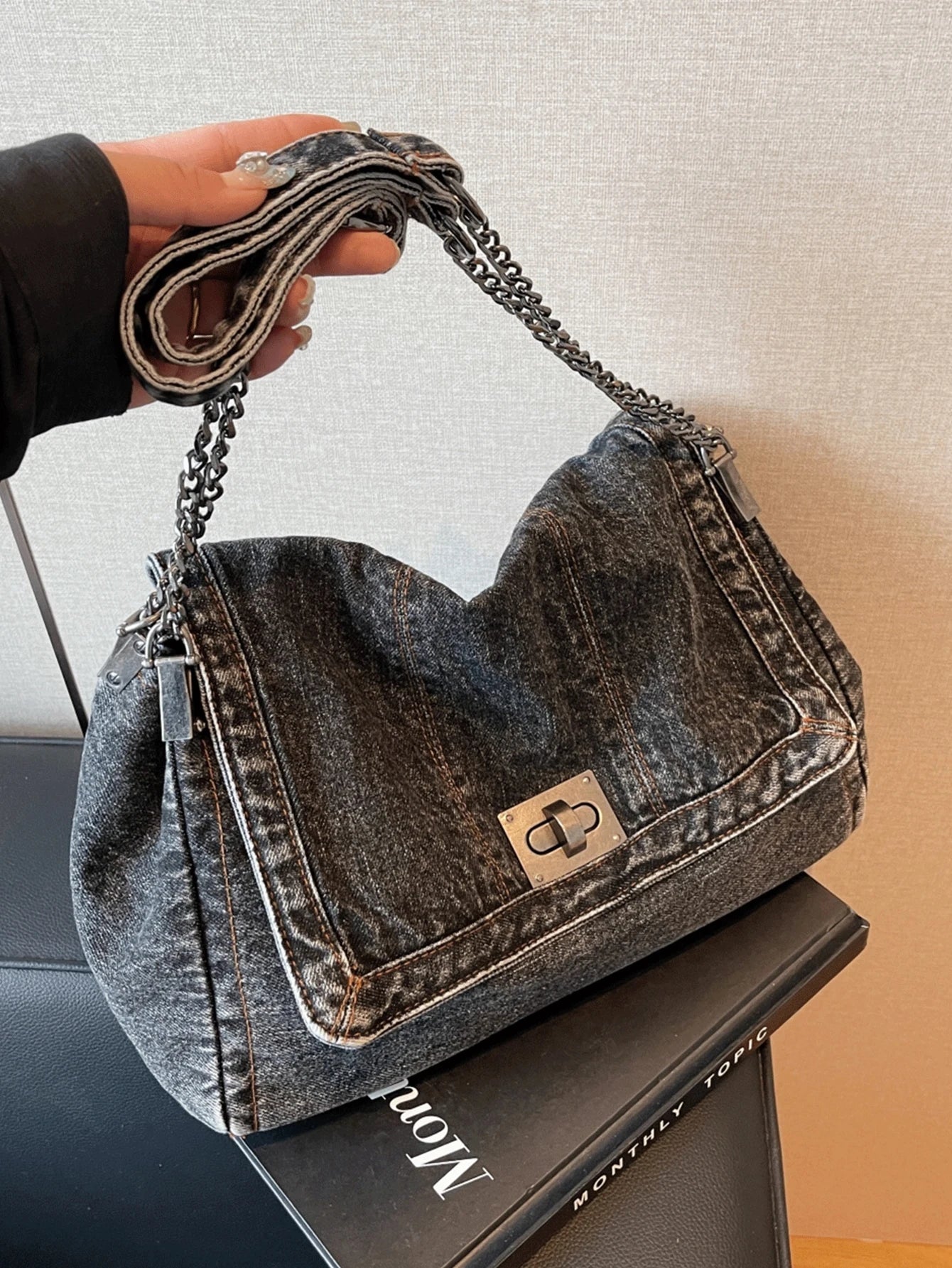 LuxeEra™ Denim Tote Bag with Metal Buckle and Chain Strap