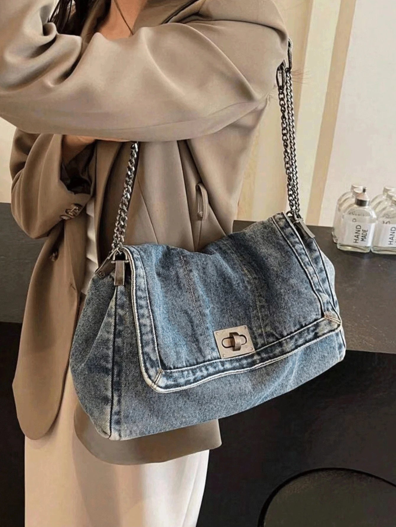 LuxeEra™ Denim Tote Bag with Metal Buckle and Chain Strap