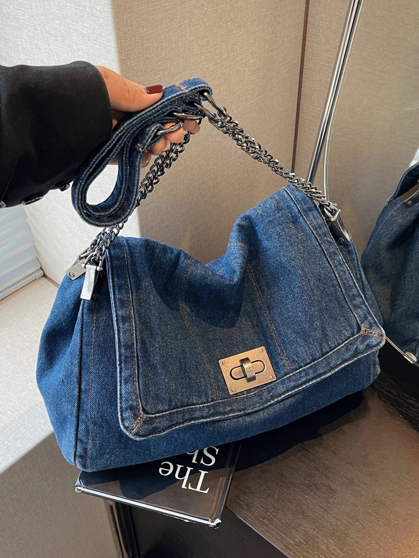 LuxeEra™ Denim Tote Bag with Metal Buckle and Chain Strap