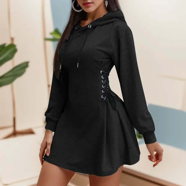 Tie Waist V-Neck Hoodie Dress