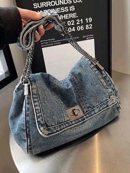 LuxeEra™ Denim Tote Bag with Metal Buckle and Chain Strap