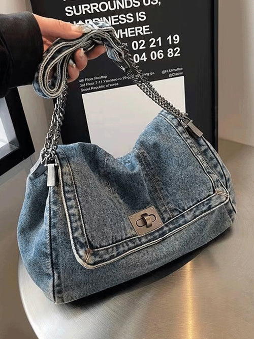LuxeEra™ Denim Tote Bag with Metal Buckle and Chain Strap