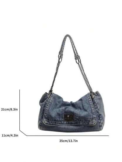 LuxeEra™ Denim Tote Bag with Metal Buckle and Chain Strap