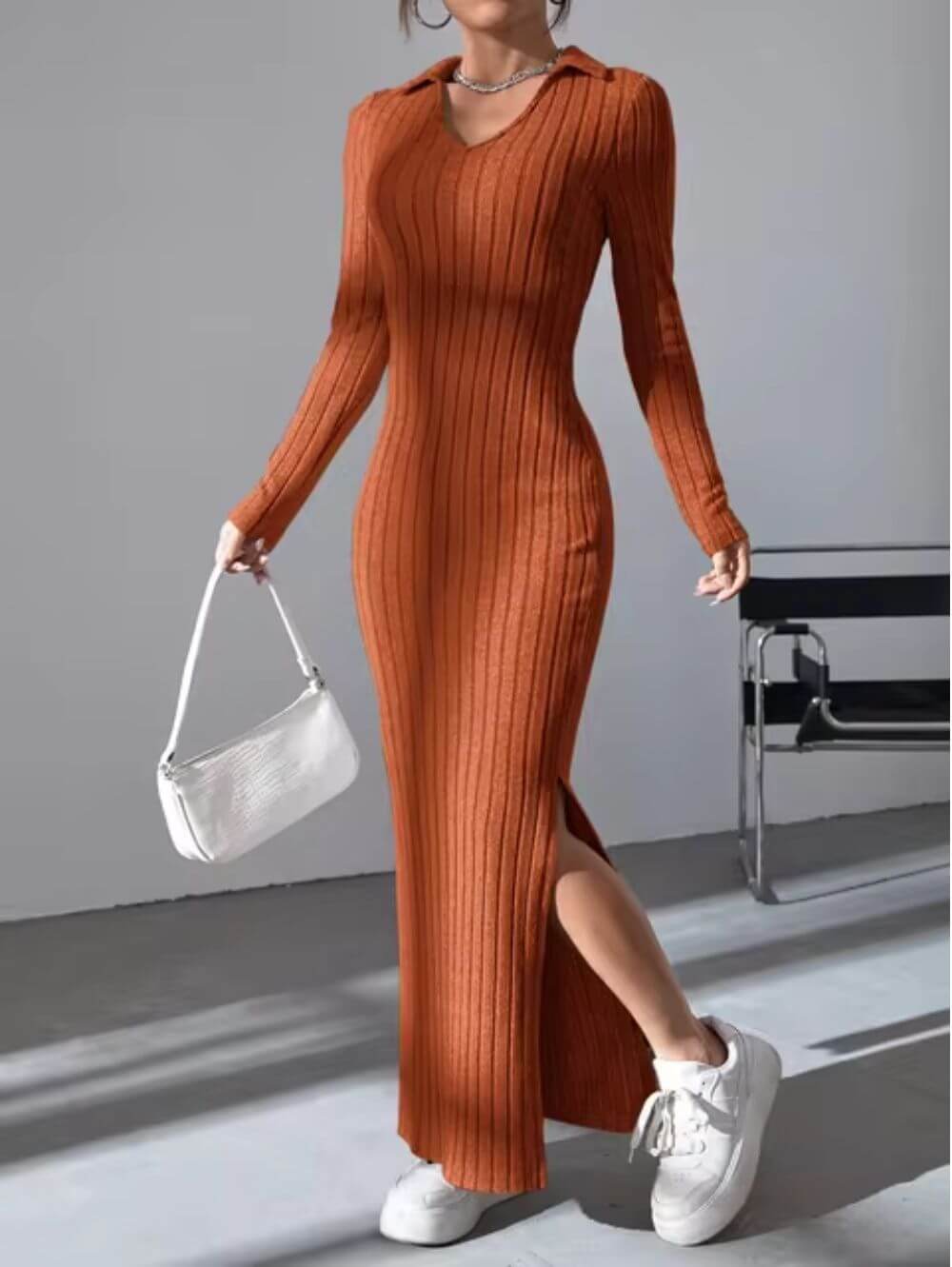 Elegant Allure V-Neck Knit Sweater Dress