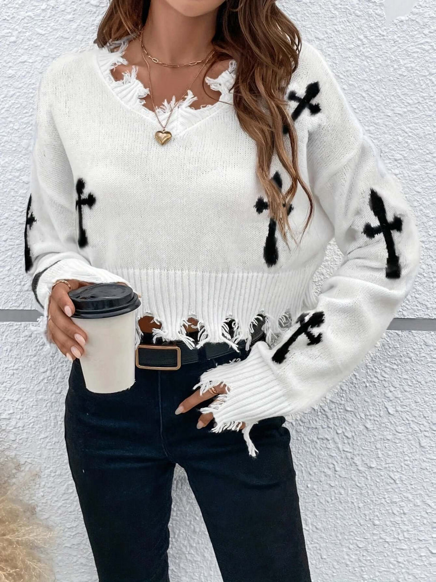 Cross Pattern Crop Sweater - VERRANOO