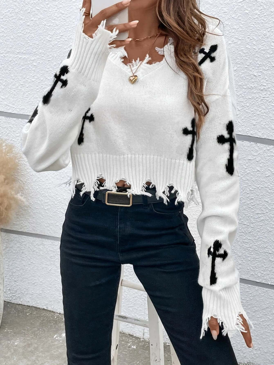 Cross Pattern Crop Sweater - VERRANOO