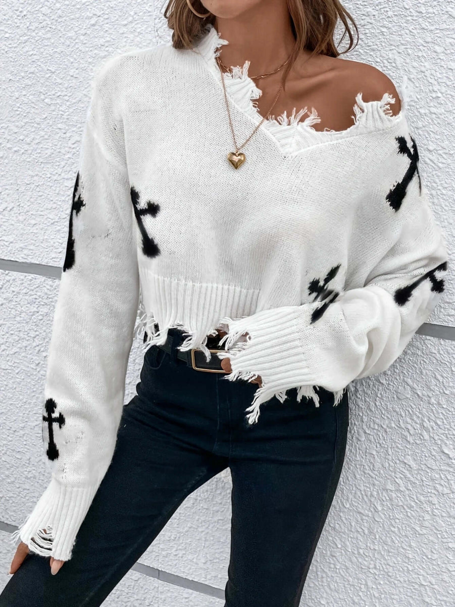 Cross Pattern Crop Sweater - VERRANOO