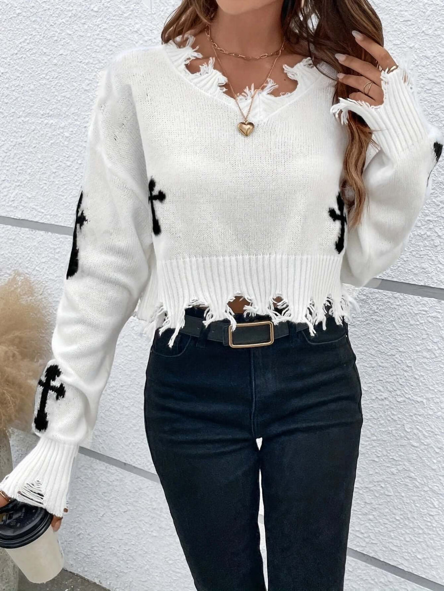 Cross Pattern Crop Sweater - VERRANOO