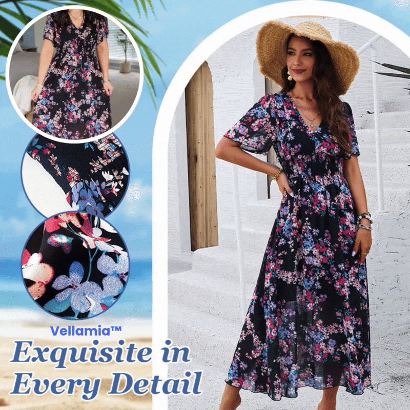 Vellamia™ Women's Elegant Printed V-Neck Flowing Dress