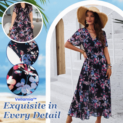 Vellamia™ Women's Elegant Printed V-Neck Flowing Dress