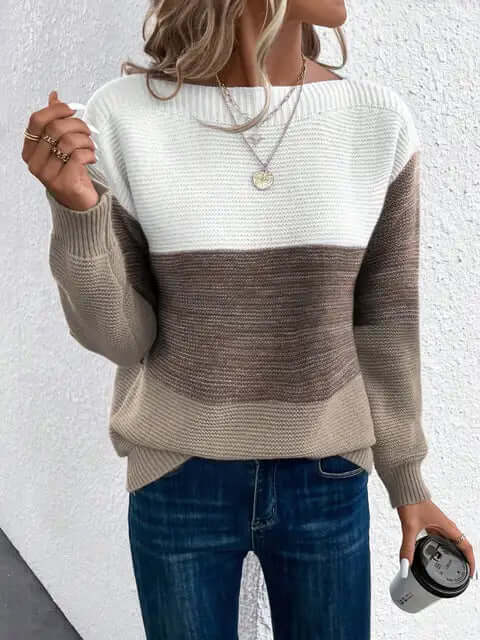 Free Shipping! I Three - Tone Cozy Knit Sweater - VERRANOO