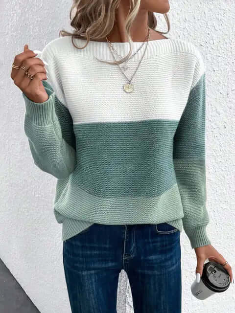 Free Shipping! I Three - Tone Cozy Knit Sweater - VERRANOO