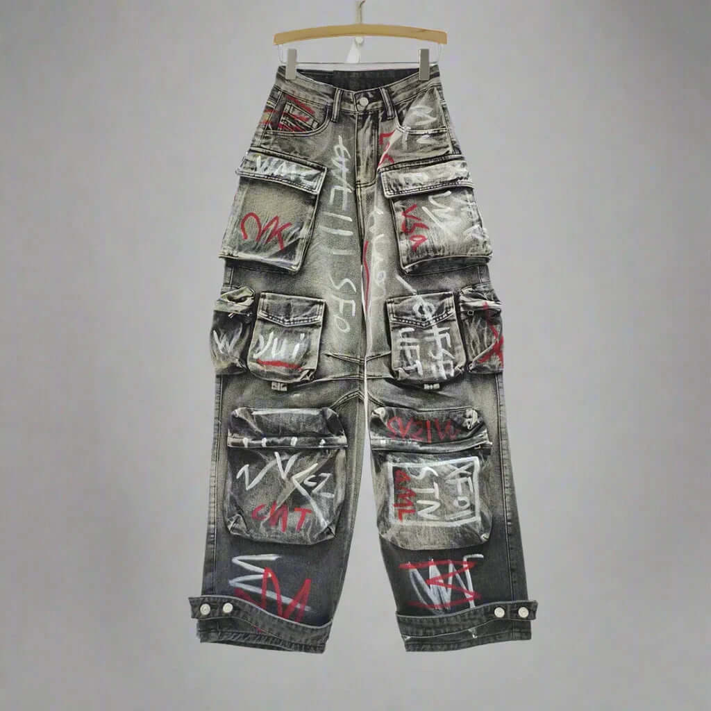 Graffiti Grey High - Waist Cargo Jeans - VERRANOO