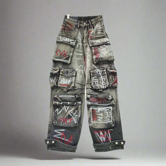 Graffiti Grey High - Waist Cargo Jeans - VERRANOO