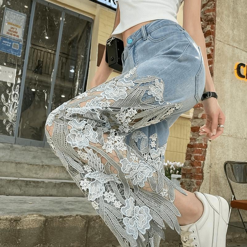 LaceFusion Elite – Handmade Hollow Lace Patchwork Jeans - VERRANOO