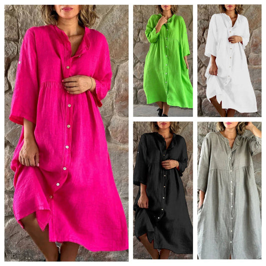 LunaBloom™ Cotton And Linen Loose Shirt Dress - VERRANOO