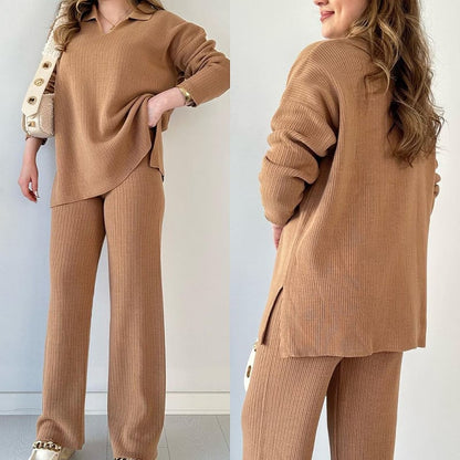 LunaKnits V - Neck Casual Slit Two - Piece Set - VERRANOO