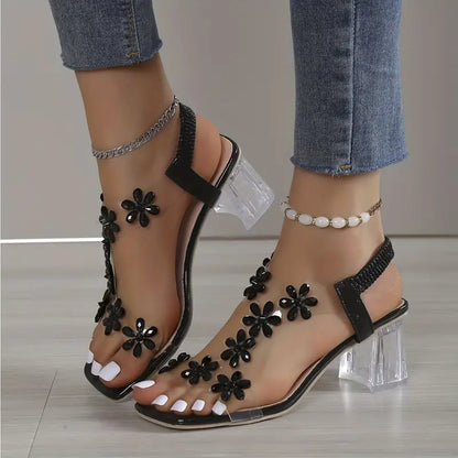 LuxeBloom™ Rhinestone Block Heel Sandals - VERRANOO