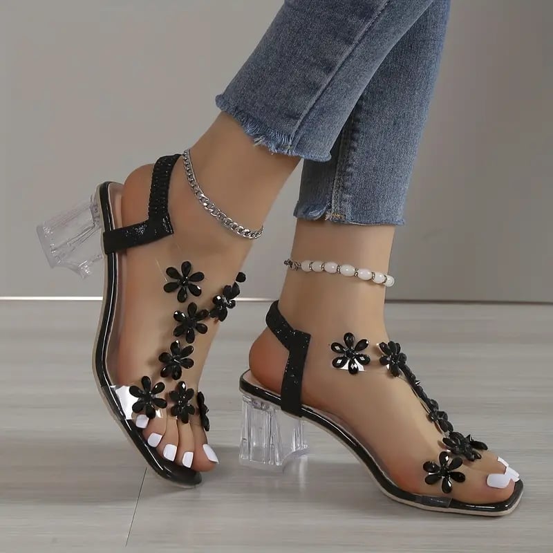 LuxeBloom™ Rhinestone Block Heel Sandals - VERRANOO