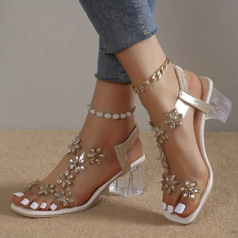 LuxeBloom™ Rhinestone Block Heel Sandals - VERRANOO