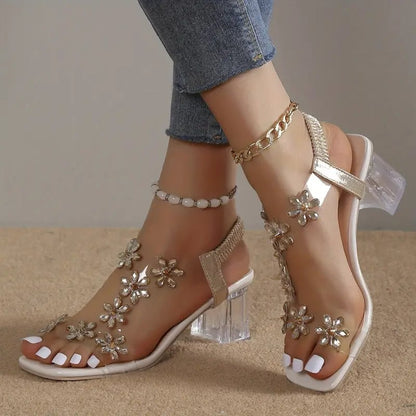 LuxeBloom™ Rhinestone Block Heel Sandals - VERRANOO