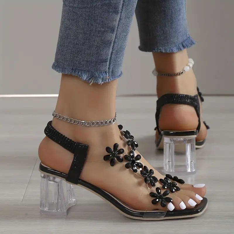 LuxeBloom™ Rhinestone Block Heel Sandals - VERRANOO