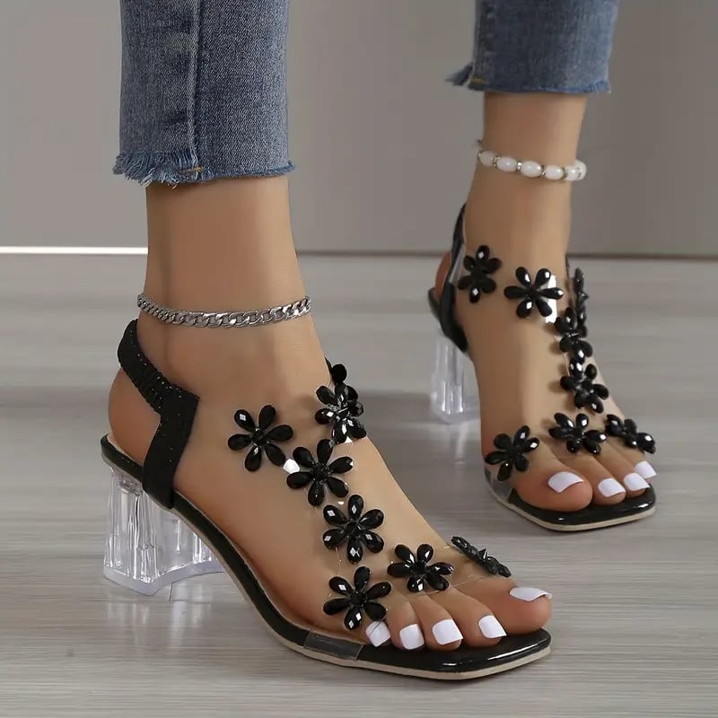 LuxeBloom™ Rhinestone Block Heel Sandals - VERRANOO