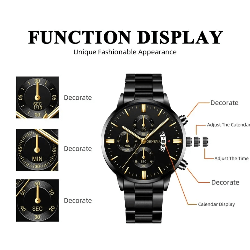 Luxury Black Stainless Steel Quartz Watch for Men - VERRANOO