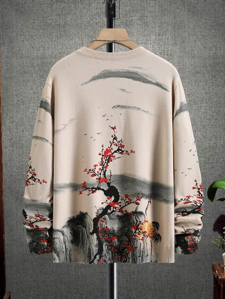 Men's Vintage Landscape Sweater - Japanese Tree Pattern - VERRANOO