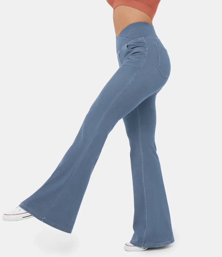 RetroFlex Denim – Stretchy High - Waisted Crossover Flare Pants - VERRANOO