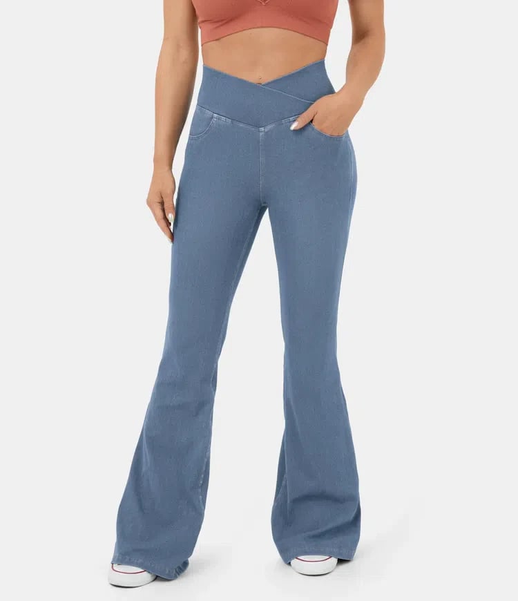 RetroFlex Denim – Stretchy High - Waisted Crossover Flare Pants - VERRANOO