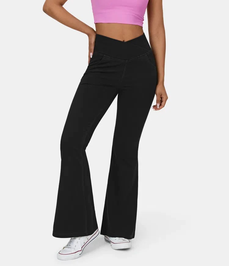 RetroFlex Denim – Stretchy High - Waisted Crossover Flare Pants - VERRANOO